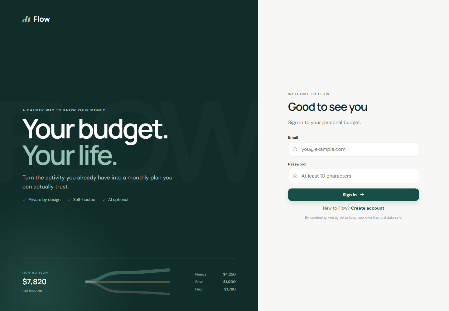 Flow sign-in screen with the Needs, Save, and Flex budgeting model