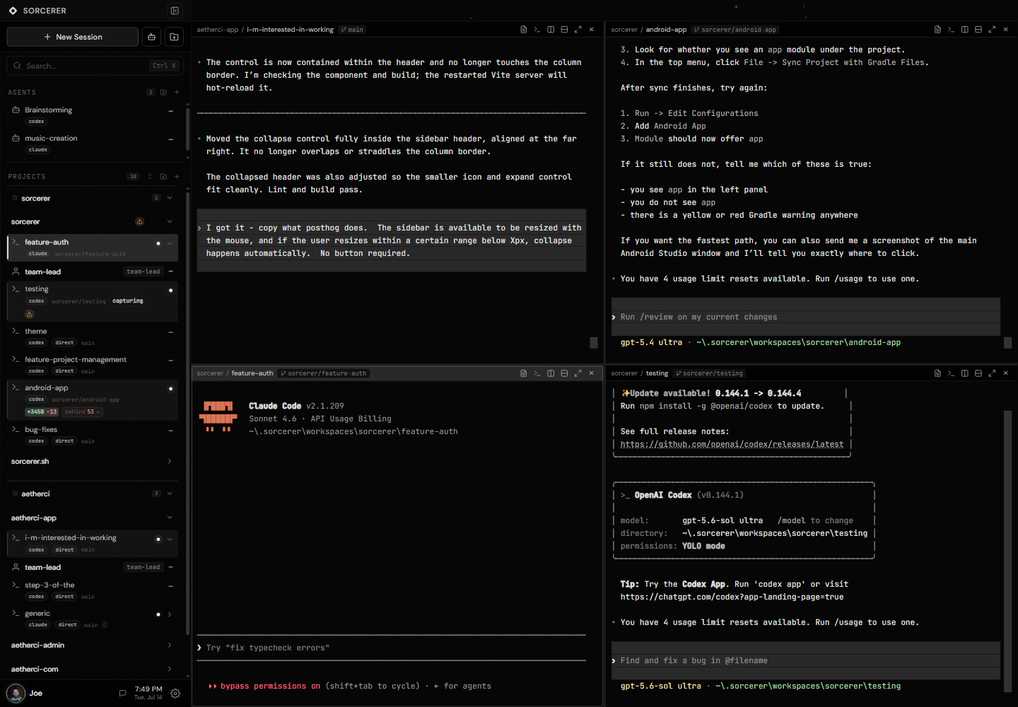 Sorcerer desktop interface showing four concurrent AI coding-agent sessions across isolated Git worktrees
